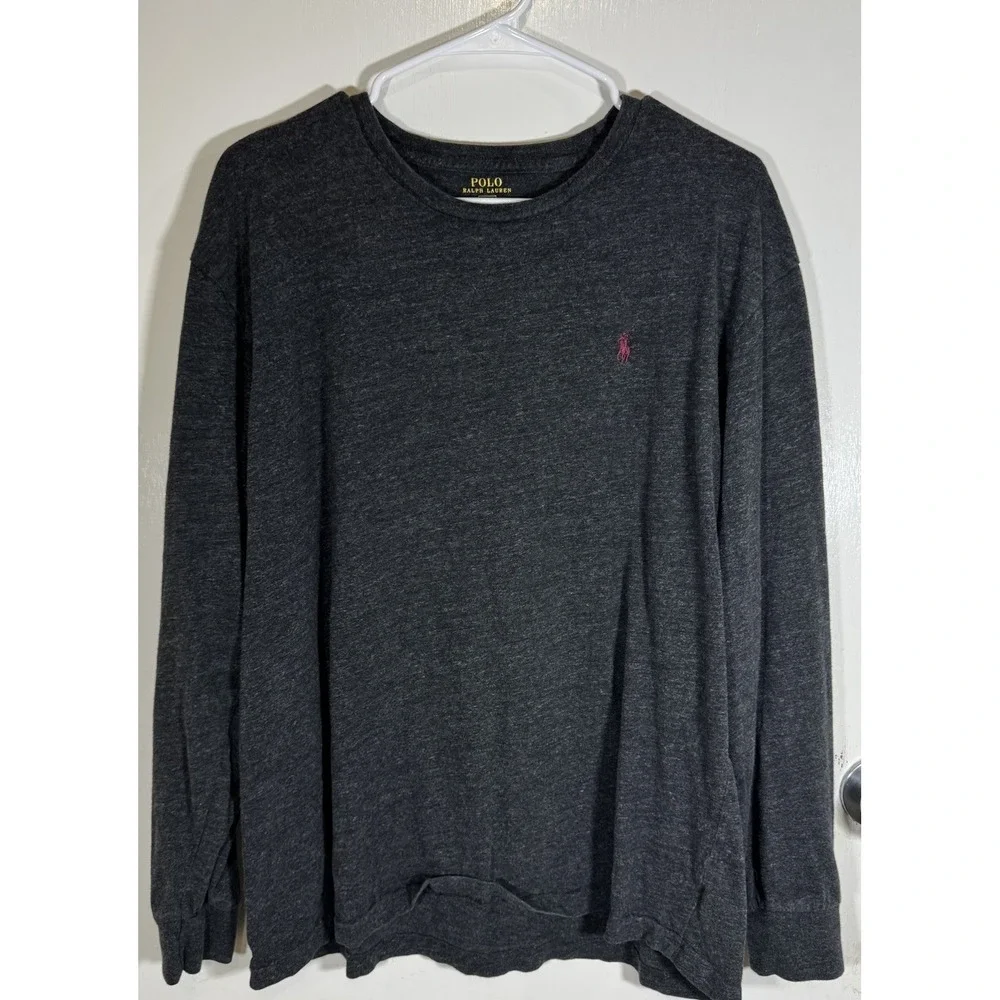 Polo Ralph Lauren Shirt Mens‎ Large Charcoal Heather Long Sleeve Burgundy Pony